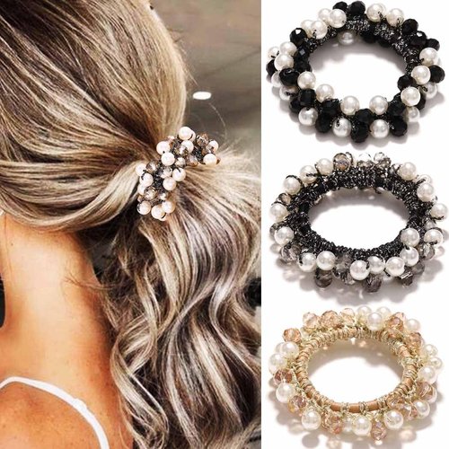 Fashey Pearl Hair Tie Beige Beaded Ponytail Holder Elastic Rhinestone Hair Scrunchies 3 Pcs Pearls Hair Accessories for Women (Black+Grey+Champagne)