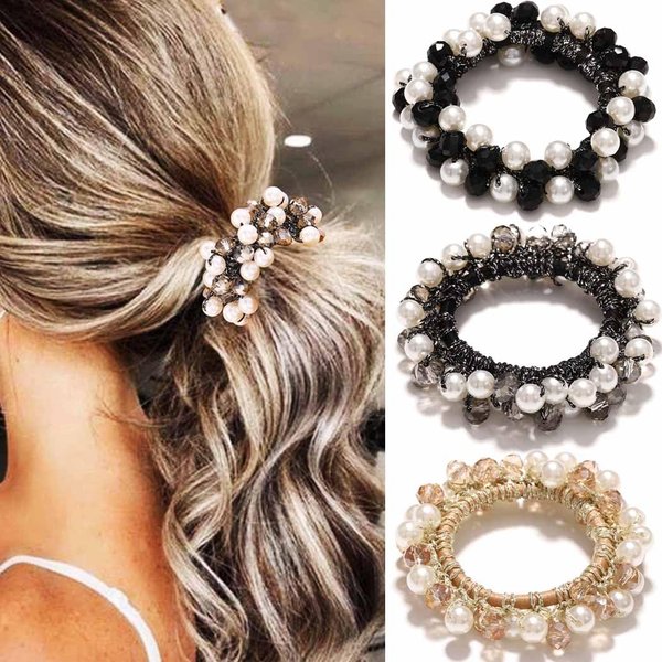 Fashey Pearl Hair Tie Beige Beaded Ponytail Holder Elastic Rhinestone Hair Scrunchies 3 Pcs Pearls Hair Accessories for Women (Black+Grey+Champagne)