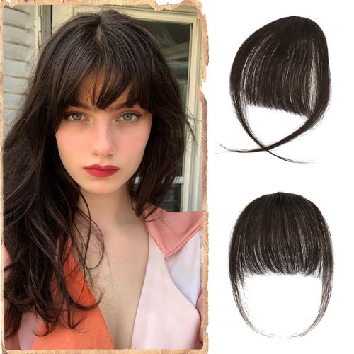 SOFEIYAN Clip in Bangs 100% Real Human Hair Extensions Clip On Wispy Bangs Air Bangs Fringe With Temples Hairpieces Brown Natural Hair Clip in Hair Extension Curved French Bangs for Women Daily Wear