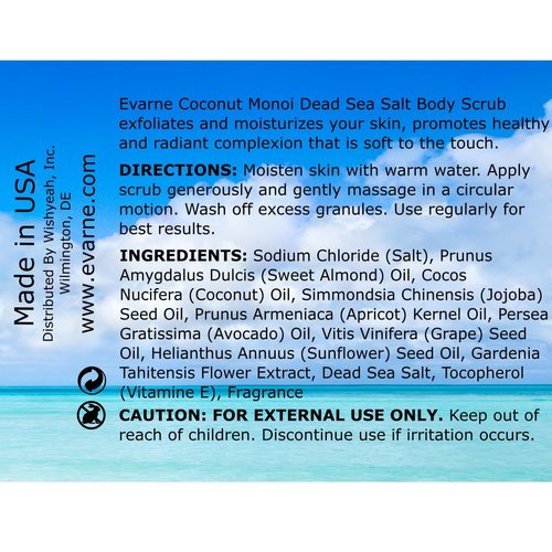 Evarne Coconut Monoi Dead Sea Salt Body Scrub with 7 Essential Oils and Vitamin E