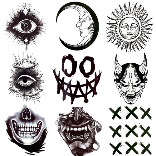 Oottati Waterproof 9 Sheets Back of Hand Fake Temporary Tattoo Stickers - Black Halloween Skull Horror Eye Devil Sun Moon Totem (Halloween)