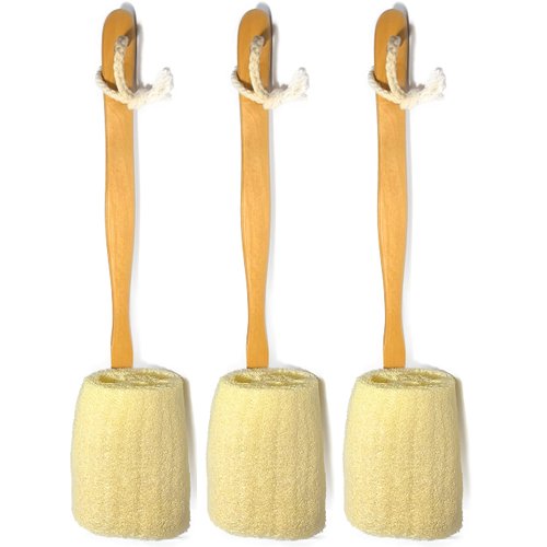 3 Pack Natural Exfoliating Loofah luffa loofa Bath Brush On a Stick - with Long Wooden Handle Back Brush for Men & Women - Shower Sponge Body Back Scrubber