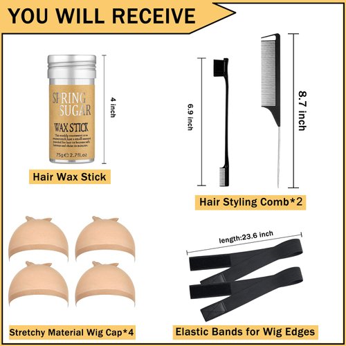 9 Pcs Hair Wax Stick Kit - Wax Stick for Hair for Lace Front - 4 Wig Cap - 2 Elastic Bands for Melting Lace - Hair Styling Comb