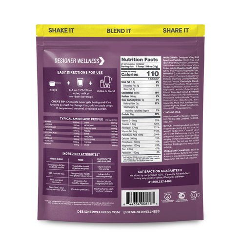 Designer Wellness, Designer Whey, Natural Whey Protein Powder with Probiotics, Fiber, and Key B-Vitamins for Energy, Gluten-Free & Kosher, Double Chocolate, 2 lb