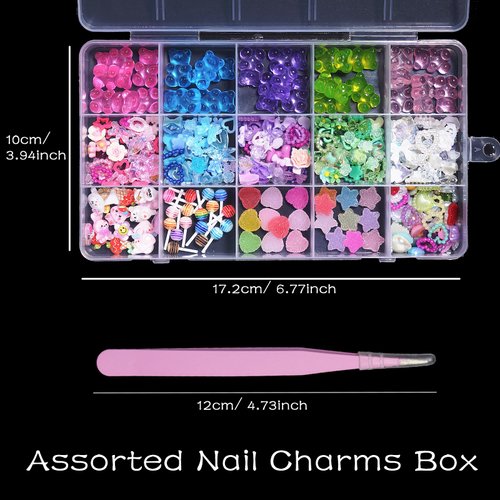 CESUSME 3D Nail Charms Assorted Mix Bear Cartoon Pink Color Blue White Nail Charms Lollipop Color Flower Butterfly Bowknots Heart Pearls Candy Cute Nail Charms for Nail Art DIY Accessories