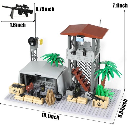 Finger Rock Military Base Building Block Set, WW2 Army Mini War Accessories Kits, Military Ruins Guard Tower Base Guns Army Supplies Block Toy for Kids 8 10 12 14