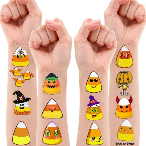 100 PCS Halloween Corn Temporary Tattoos Themed Birthday Party Decorations Favors Supplies Decor Cute Pumkin Candyland Fall Tattoo Stickers Gifts For Game Boys Girls Classroom School Prizes Reward