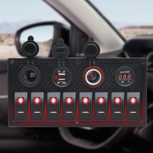 Geloo 8 Gang Marine Rocker Switch Panel, Boat Switch Panel Waterproof, 12V Switch Panel Toggle Switches Panel with LED Circuit Breaker 3.1A USB Charger Voltmeter ON/Off for Car Rvs Vehicles (Red)