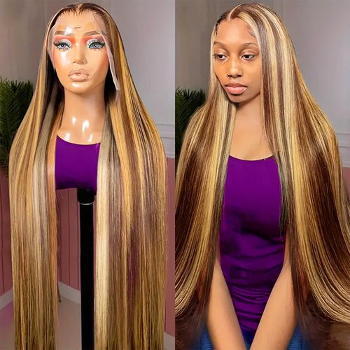YesJYas Highlight Ombre Lace Front Wig Human Hair Straight 13x4 HD Lace Front Wigs 180% Density 4/27 Colored Honey Blonde HD Lace Frontal Wigs For Women Glueless Pre Plucked with Baby Hair(24Inch)
