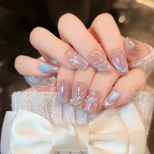 square press on nails medium, dreamy mermaid embossed pattern acrylic nails, pearl decorative press on nail, reflective acrylic nails, Artificial Nails for Women and Girls 24 pcs (B866-001, 12)