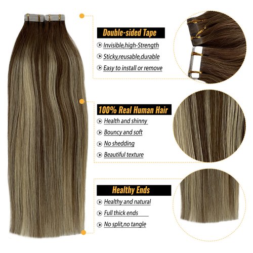 Tape in Hair Extensions Real Human Hair 18 Inch Double Sided Tape in Hair Extensions Ombre Dark Brown Highlights Medium Blonde Balayage Tape ins Human Hair Extensions for Women 50 Gram 20 Piece