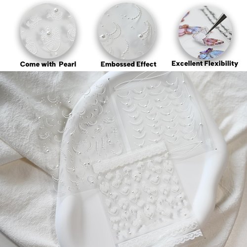 CESTSIREN White Lace French Line Nail Art Stickers Pearl Rhinestones Embossed French Line Nail Decals for Nail Art Design Self-Adhesive Nail Accessories for Women Nail Art Supplies 3 Sheets