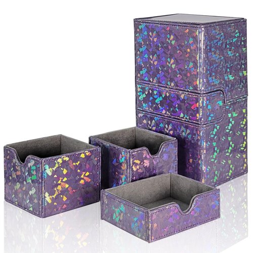 Dmoicols Card Deck Box for 200+ Sleeved Cards, Laser Leather Trading Card Storage Case with 1 Dice Tray & 2 Card Trays Commander Deck Box fit YuGiOh/TCG/MTG/Magic/CCG(3 Drawers Sparkly Purple)