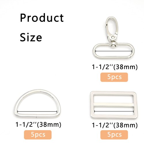 MELORDY 15Pcs Metal Swivel Snaps Hooks with D Rings and Tri-Glides Slide Buckles for Key Lanyard Purse Bag Straps Dog Collars DIY Sewing Hardware Craft (1-1/2 inch,Silver)