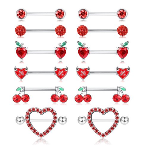 JOERICA 6 Pairs 14G Nipple Rings for Women 316L Stainless Steel Heart Butterfly Moon CZ Flower Barbell Nipple Rings Set Cute Nipplerings Piercing Jewelry