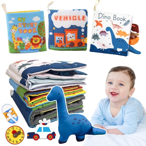 Richgv Baby Gifts Set, 3 Packs Baby Books, Dino Vehicles Habit 1 Year Old Birthday Gift Sets Non Toxic Touch and Feel Crinkle Cloth Books Baby Toys 6-12 Months Travel Essentials