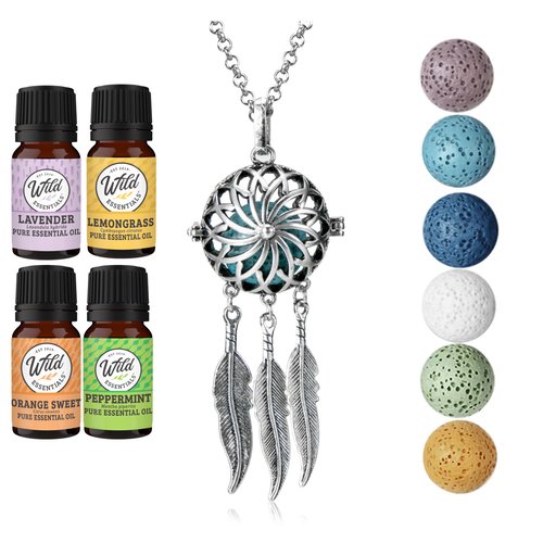 Wild Essentials Dream Catcher Necklace Essential Oil Diffuser Kit With Lavender, Lemongrass, Peppermint, Orange Oils, 6 Lava Stones, Calming Aromatherapy Gift Set, Customizable Color Changing, Perfume