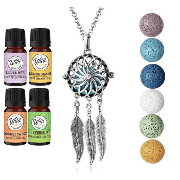 Wild Essentials Dream Catcher Necklace Essential Oil Diffuser Kit With Lavender, Lemongrass, Peppermint, Orange Oils, 6 Lava Stones, Calming Aromatherapy Gift Set, Customizable Color Changing, Perfume