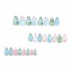 BABALAL Almond Press on Nails Medium Blue Green Fake Nails Bow Glue on Nails Cute Cat Flower Design Acrylic Nails 24Pcs Stiletto Handmade Full Cover False Nails