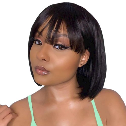 Celiarita Bob Wig with Bangs 8 Inch Short Bob Straight Bang Wig Human Hair For Women 150% Density None Lace Front Wigs Machine Made Straight Bob Wig Human Hair With Bang Natural Black