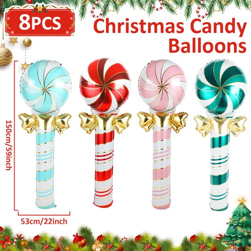8 PCS Giant Christmas Candy Mylar Balloons Xmas Sweet Candy Party Theme Foil Balloon Candyland Christmas Party Balloons for Winter Holiday Xmas Candy Party Decorations Supplies 59×22 inch