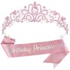 SuPoo Pink Princess Sash and Crown Set - Rhinestone Tiara and Crystal Headband for Women, Happy Birthday Party Decorations and Hair Accessories