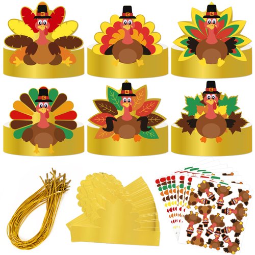 80UncleKimby 36Pcs Thanksgiving Turkey Hat Craft Kit for Kids - DIY Fall Paper Headbands Crowns Arts Decoration for Classroom Activities Party Supplies