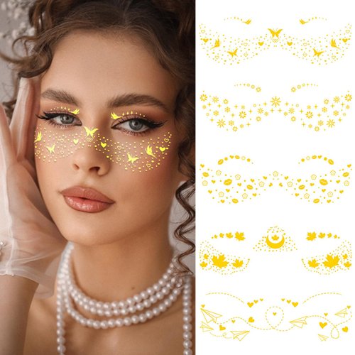 10 Sheets Gold Glitter Freckles Face Tattoo Stickers Sparkle Butterfly Heart Maple Leaf Snowflake Star Eyeliner Waterproof Temporary Tattoos Accessories for Christmas Valentine's Day Makeup Party