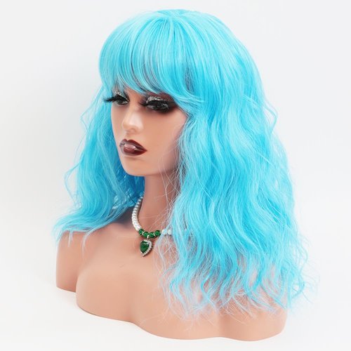 Retoleca Curly Wavy Bob Wig with Bangs Short Bob Wigs for Women Shoulder Length Glueless Synthetic Wigs(14inch,blue)…