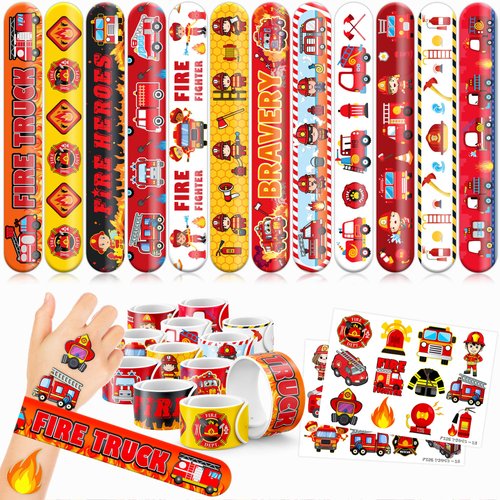 48 Fire Truck 24PCS Fire Truck Temporary Tattoos Sticker 24PCS Slap Bracelets Perfect for Themed Birthday Party Favors Baby Showers or Classroom Rewards Ideal Decor and Gifts for Girls and Boys