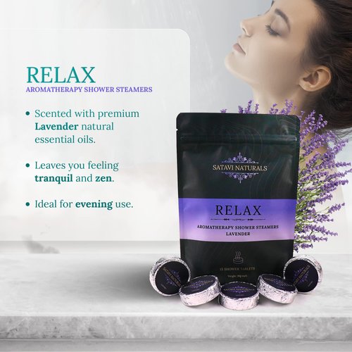 Satavi Naturals Relax (30g Tablets - 15 Pack) Lavender Aromatherapy Shower Steamers for Women & Men, Natural Essential Oils, Shower Bath Bombs, Vapor Tabs for Aromatic Self-Care