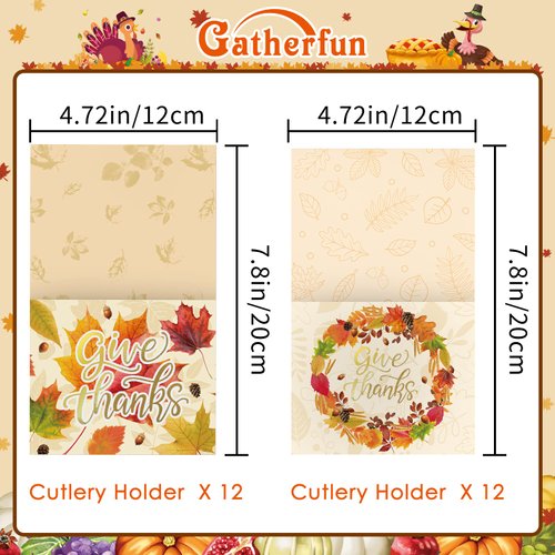 Thanksgiving Cutlery Holder Gold Foil with Give Thanks Maple Leaf design, Utensil Holder for Autumn Harvest Party Table Decorations, 24 pack, Mix 2 designs