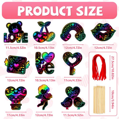 Leesgel Kids Valentine Crafts Art Kit, Cute Hearts and Love Letters Ornament Valentine Scrath Art Paper, Double Side Scrawl Design Scrath Off Cards for Classroom Activity Wedding Handicraft Projects