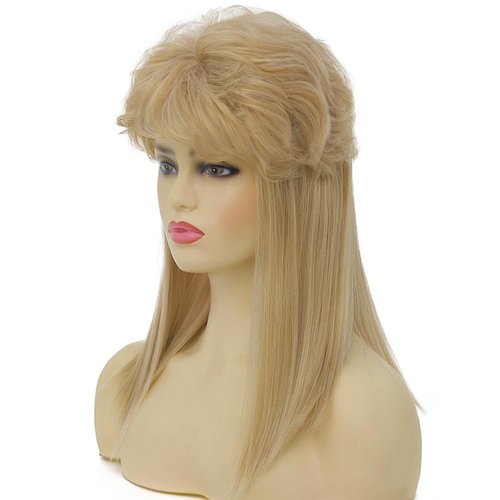 Kaneles Women Blonde Mullet Short Wigs 70s 80s with Bangs Shoulder Length Synthetic Wig for Retro Hippie Rocker Cosplay Wigs
