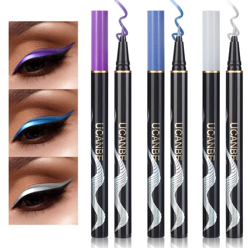 UCANBE 3 Color Metallic Glitter Waterproof Liquid Eyeliner Set for Eye Makeup, Silver Blue Purple Colored Eye Liner Pen, Pigmented Long Lasting Colorful Eye Liner, Makeup Gift Kit for Women