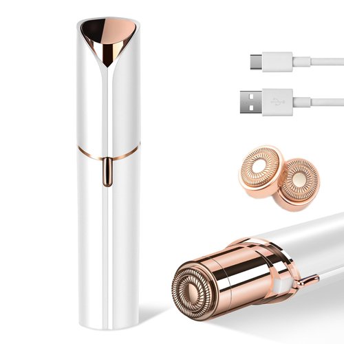 Xinvinx Facial Hair Removal for Women- as Seen on TV Painless Face Shaver -Painless Womens Facial Hair Remover with 2 Replacement Heads, Lipstick-Sized, USB Rechargeable（White）