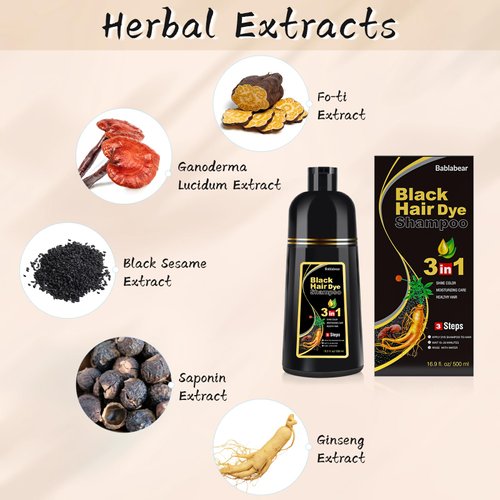 Bablabear MEIDU Black Hair Dye Shampoo, Semi-Permanent Gray Coverage for Women and Men, 3 in 1 with Natural Ingredients, Lasts 30 Days/500ml