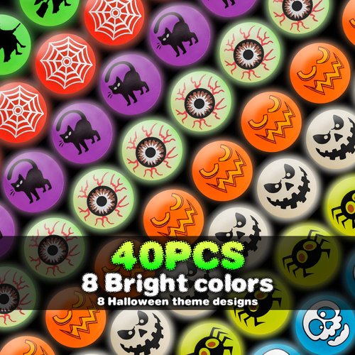 40 Glow in The Dark Bouncing Balls,8 Halloween Theme Designs, Halloween Party Favor Supplies, Trick or Treating Goodie Bag Filler, School Classroom Game Rewards, Halloween Miniatures (with Pouch Bag)