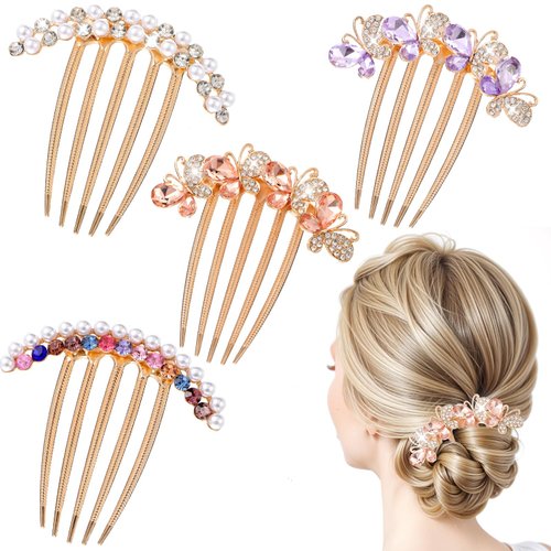 4Pcs French Twist Hair Comb with Pearls, Hair Bun Decorative Rhinestones French Hair Comb Metal Vintage Styling Combs Updo Hair Pieces, Hair Side Combs Hair Fork Clip Fancy Hair for Women Buns