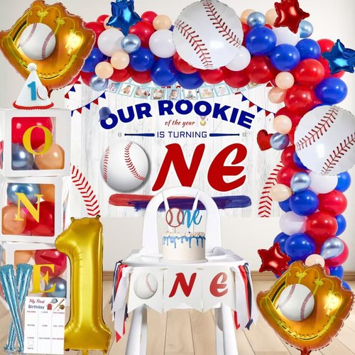 Baseball 1st Birthday Party Decorations, Rookie of the Year First Birthday Baby Shower Decorations, Baseball Theme Decor Banner, Backdrop, Balloons for Birthday Party Supplies Baseball Decor