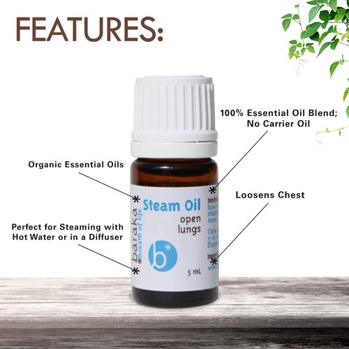 Baraka Steam Oil 100% Natural Pure Aromatherapy Essential Oil with Camphor, Niaouli, & Eucalyptus - Essential Oil for Diffuser, Humidifiers, & Steam Water for chest & nasal congestion -5ml (Pack of 2)