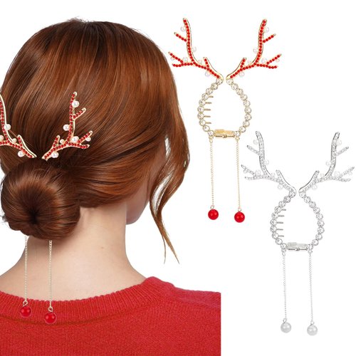 Hapdoo 2Pcs Christmas Reindeer Ponytail Bun Holder, Metal Banana Clips Hair Strong Hold Decorative Hair Claw Clips for High Ponytail, Xmas Hair Jaw Clips Barrettes Styling Accessories for Women Girls