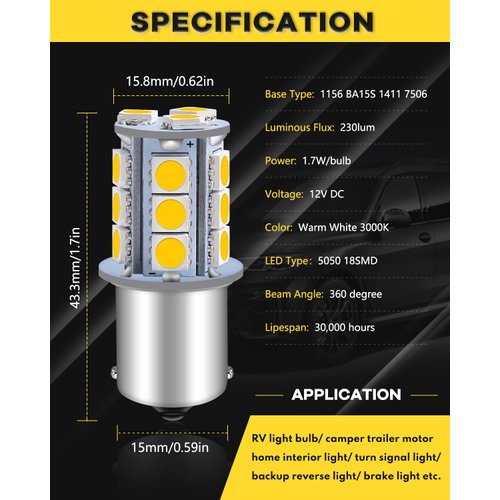Qoope 1156 LED Bulb Warm White 1141 LED Bulbs RV Light Bulbs Interior 1073 7506 1003 BA15S Bulb for 12V Camper Travel Trailer Boat Motorhome Interior Lights, Pack of 10