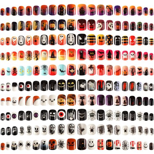 BOARDFEB 480pcs Halloween Press on Nails Short Square False Nails Artificial Full Cover Fake Nail Tips with Ghost Pumpkin Spider Skeleton Pattern for Women Girls DIY