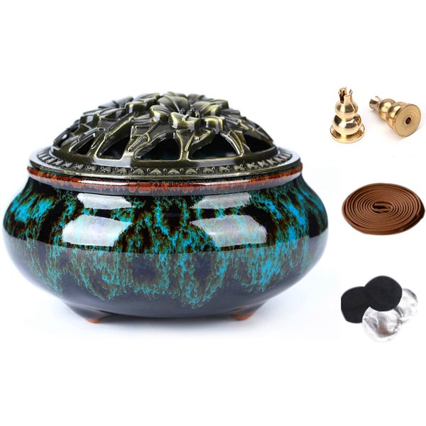 LAMDAWN Ceramic Incense Burner with Incense Stick Holder + Insulation use for Stick or Coil Incense, Sage Cones and Frankincense (Fambe Blue)