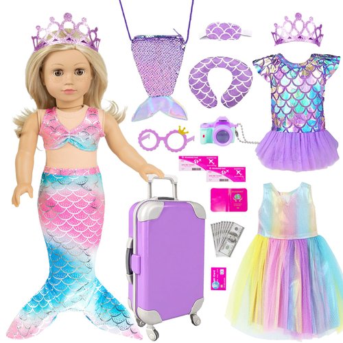 Mermaid 18 inch Doll Clothes and Doll Accessories Case Luggage Travel Play Set Include Suitcase, Dresses, Bag, Camera, Glasses, Pillow, Eyeshade Etc (No Doll)