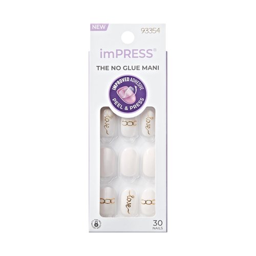 KISS imPRESS No Glue Mani Press-On Nails, Design, 'Cupid Heart', White, Short Size, Oval Shape, Includes 30 Nails, Prep Pad, Instructions Sheet, 1 Manicure Stick, 1 Mini File