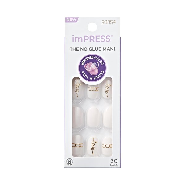 KISS imPRESS No Glue Mani Press-On Nails, Design, 'Cupid Heart', White, Short Size, Oval Shape, Includes 30 Nails, Prep Pad, Instructions Sheet, 1 Manicure Stick, 1 Mini File