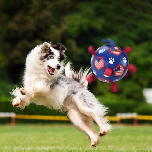 ShuRung 4th July Theme Soccer Ball Dog Toy with Straps Dog Interactive Play Balls for Tug of War USA Independence Day Dog Soccer Ball for Small Medium Big Size Dog (6 inches) S