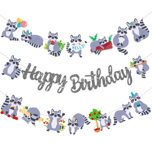 Raccoon Happy Birthday Banners Silver Woodland Birthday Party Decoration Raccoon Themed Party Cutout Banners for Raccoon Lover Birthday Party Decoration Woodland Animal Baby Shower Supplies